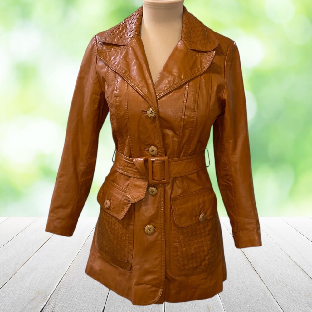 Vintage 70s TANNERY MONTGOMERY WARD Leather Trench Coat Mod Belted Womens S